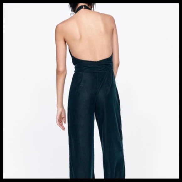 Zara Deep Teal Halter Velvet Jumpsuit - Picture 2 of 12